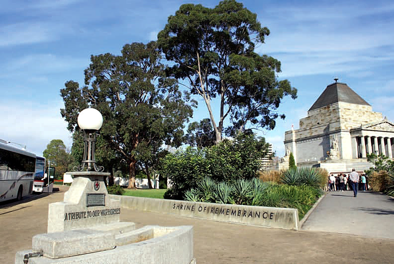 Figure 3. Visitors walking to the Shrine of Remembrance past the water trough memorial